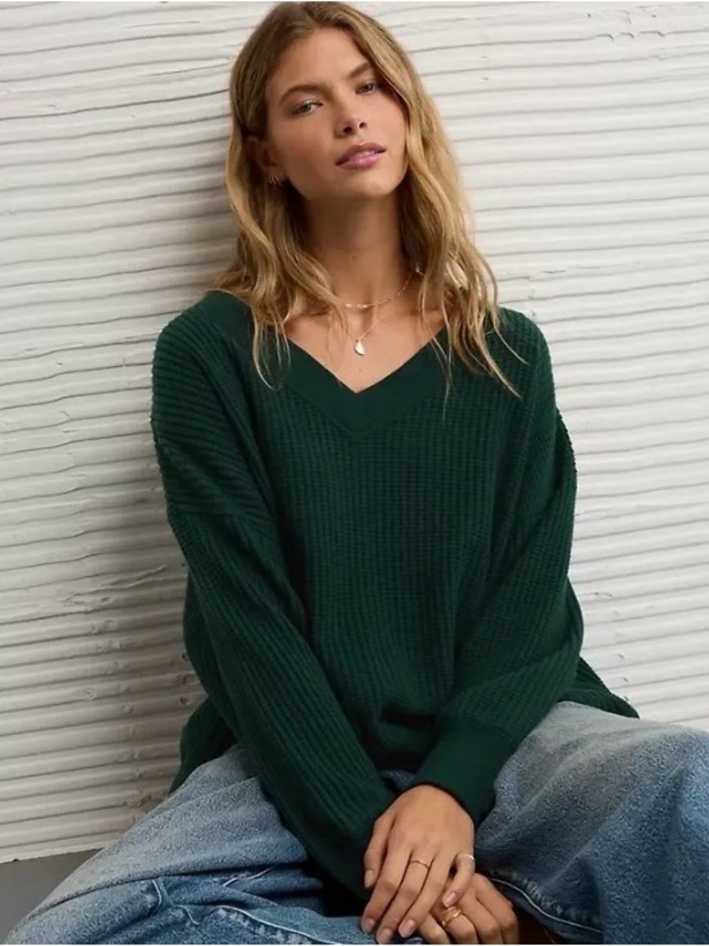 American Eagle Outfitters Deep Forest Green Big Hug V-Neck Ribbed Sweater